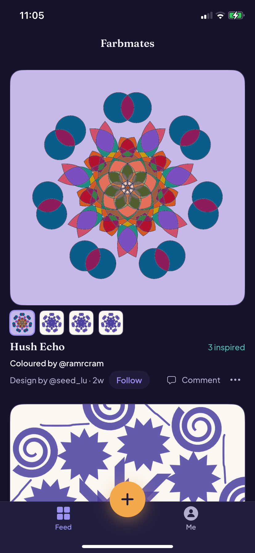 The Farbmates feed showing a coloured mandala called Hush Echo.